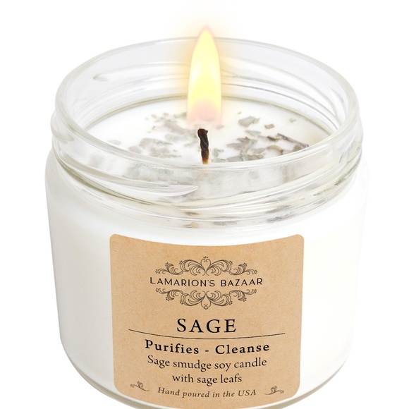 SAGE - White Sage Smudge Candle w Crushed Sage Leafs - 100% Soy Cleansing Candle - Picture 1 of 5